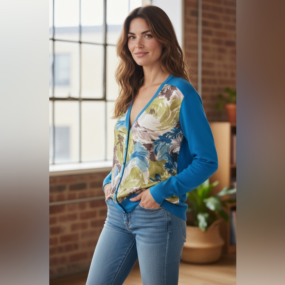 Talbots Teal Floral Silk Button Front Cardigan NWT